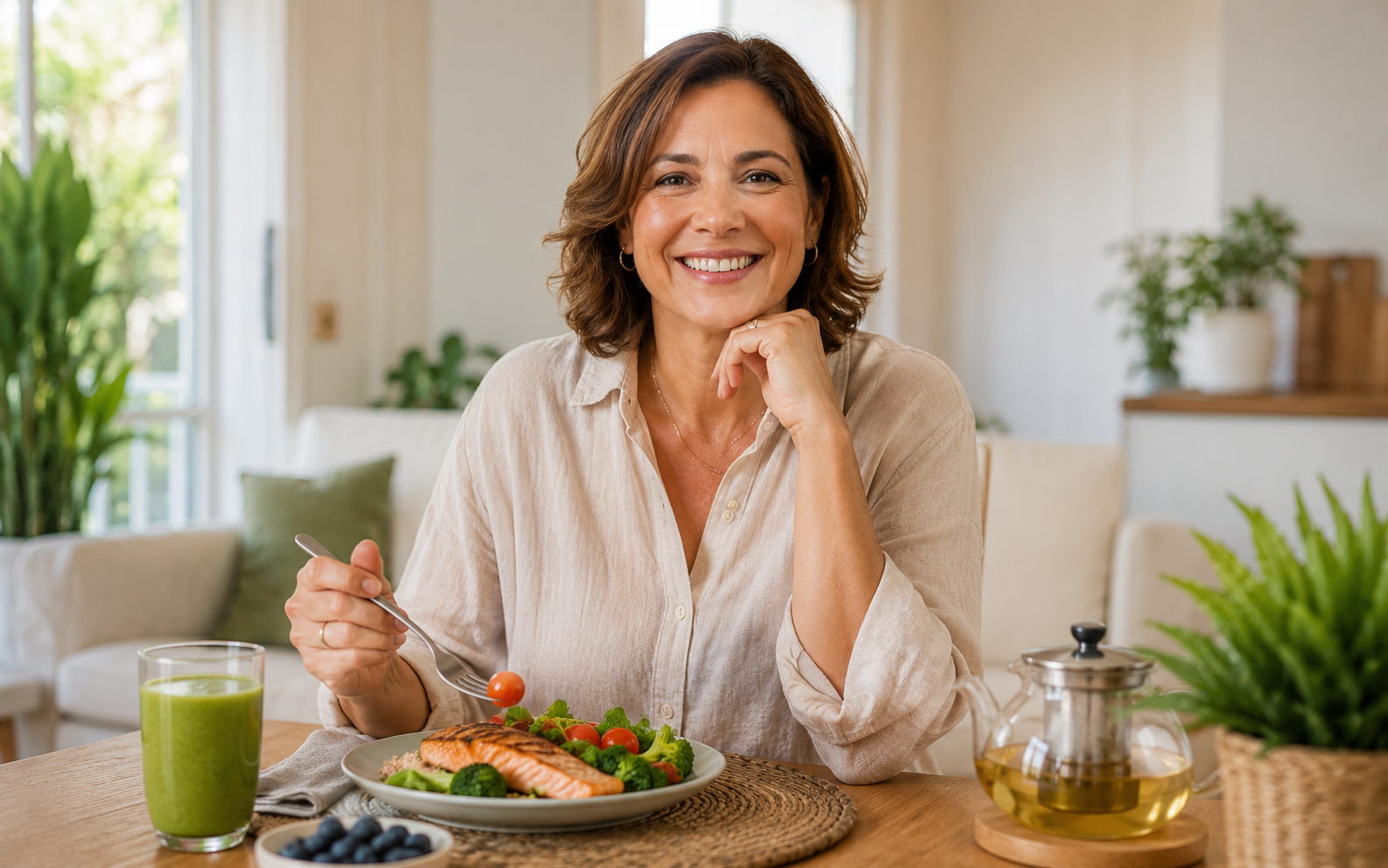 Mulher sorrindo em casa diante de uma refeição saudável e um suco verde